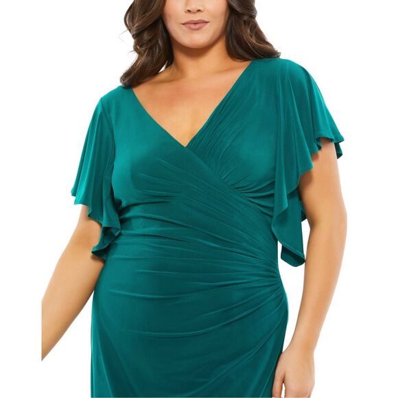NEW Mac Duggal Faux Wrap Butterfly Sleeve Gown Emerald Green 20W - Picture 3 of 12
